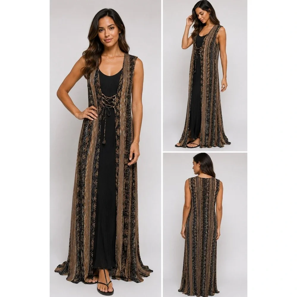 Betsy Lauren Vintage‎ Maxi Dress Womens 6 Boho Layered Lace Up Rayon Neutrals
